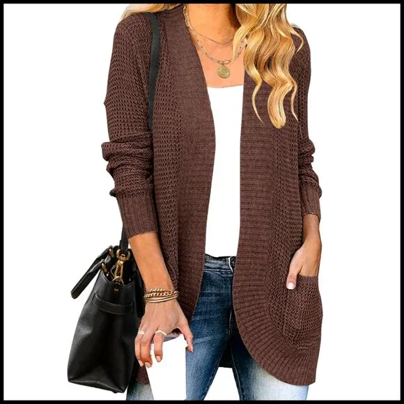 Long Sleeve Open Front Cardigan Chunky Knit Draped Sweater - Picture 1 of 7